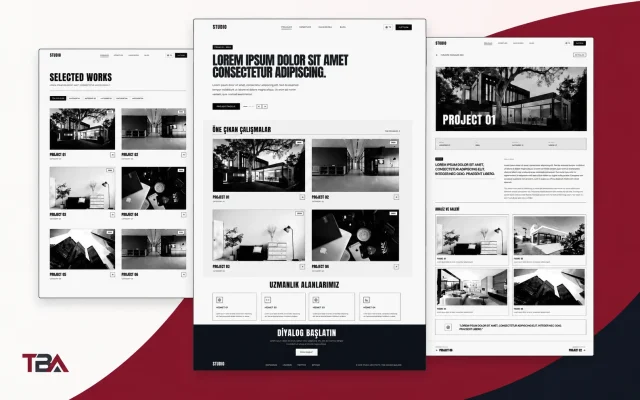 Mimarlık ofisi için hazırlanan portfolyo web sitesinin proje arşivi, ana sayfası ve proje detay sayfası
