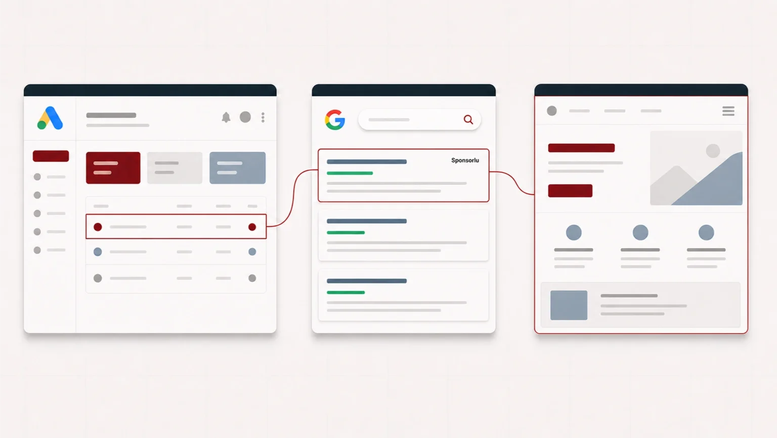 Google Ads panelindeki kampanyadan sponsorlu arama sonucuna ve açılış sayfasına uzanan reklam akışı.