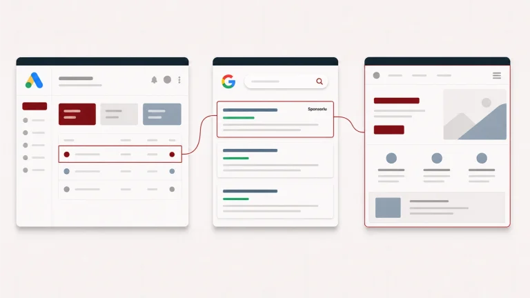 Google Ads panelindeki kampanyadan sponsorlu arama sonucuna ve açılış sayfasına uzanan reklam akışı.
