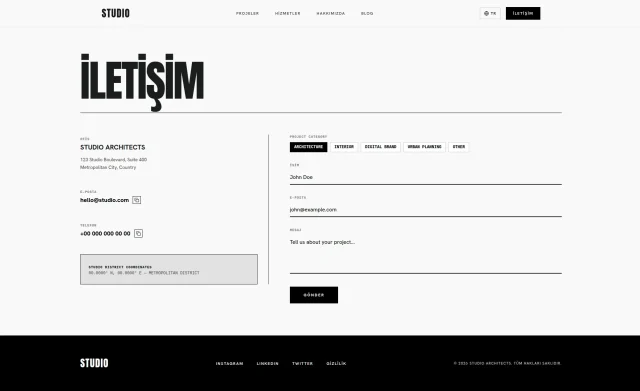 Mimarlık ofisi web sitesinin iletişim sayfası