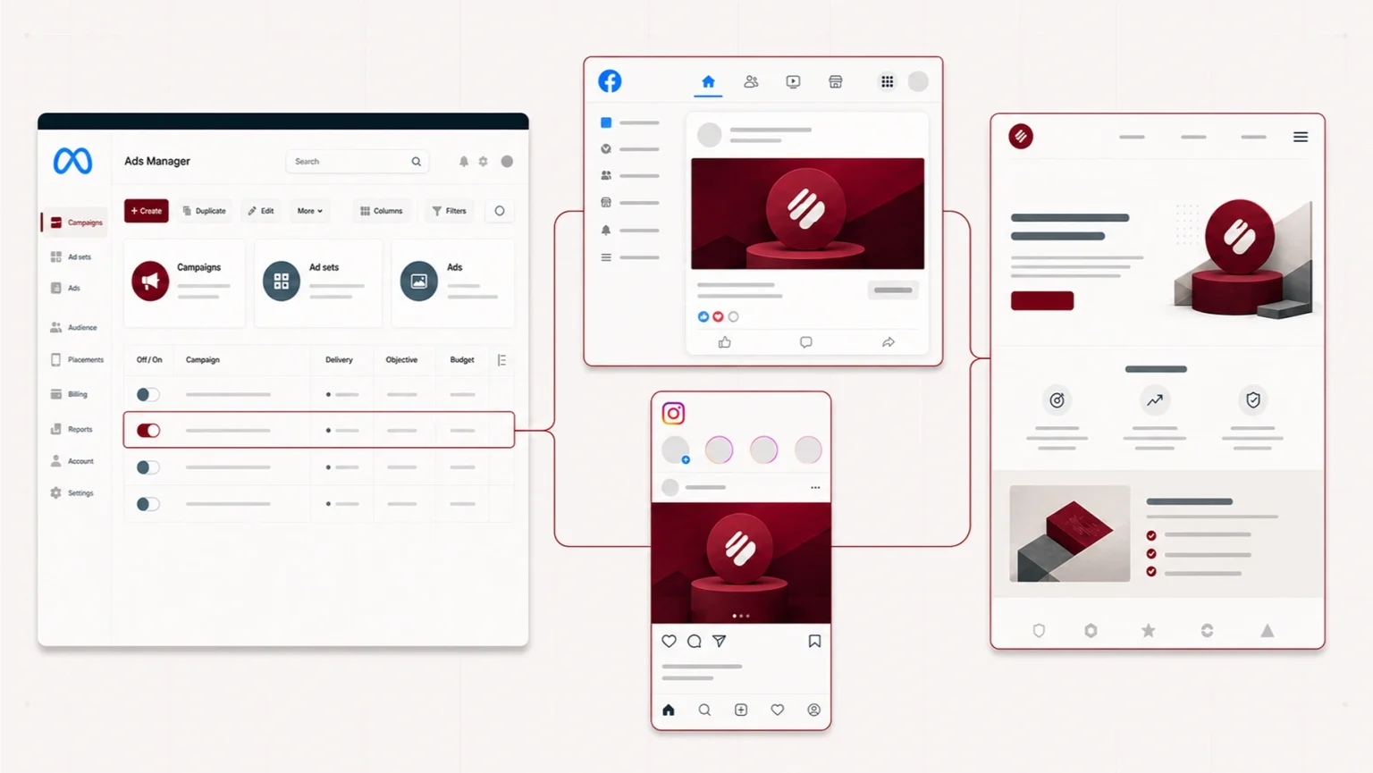 Meta Ads Manager’daki kampanyadan Facebook ve Instagram yerleşimlerine, ardından ortak açılış sayfasına uzanan reklam akışı.