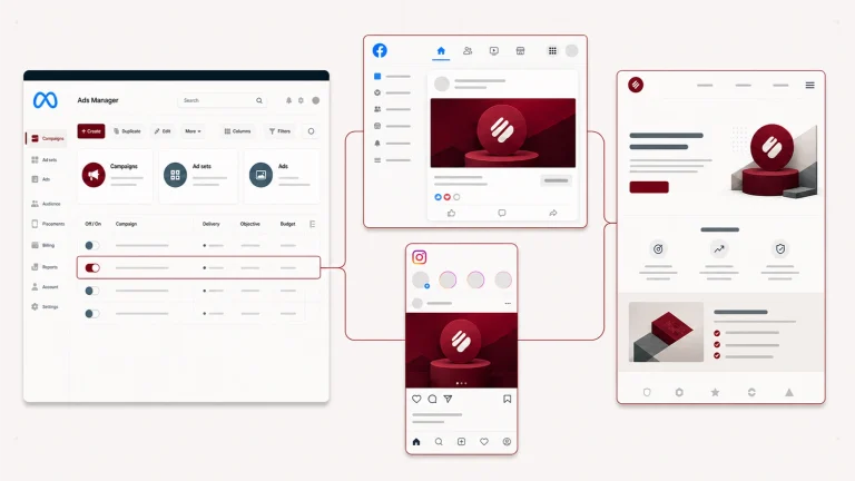 Meta Ads Manager’daki kampanyadan Facebook ve Instagram yerleşimlerine, ardından ortak açılış sayfasına uzanan reklam akışı.