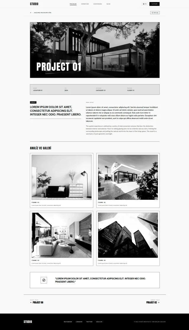 Mimarlık ofisi web sitesindeki proje detay sayfası