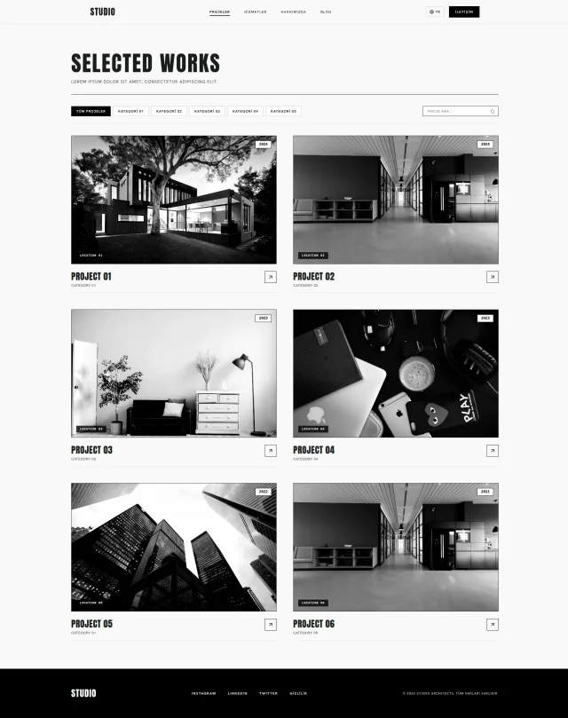 Mimarlık ofisi web sitesindeki projeler arşivi