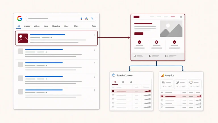 Google arama sonucundan web sitesine, Search Console ve Analytics verilerine uzanan SEO çalışma akışı.