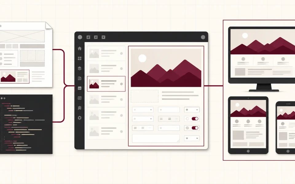 Web development flow from planning and coding to an admin panel, followed by desktop, tablet and mobile website views.