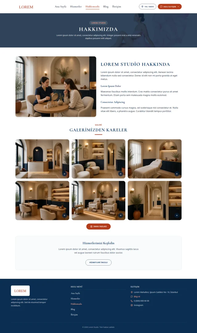 Desktop view of the about page on the anonymised beauty salon demonstration website.